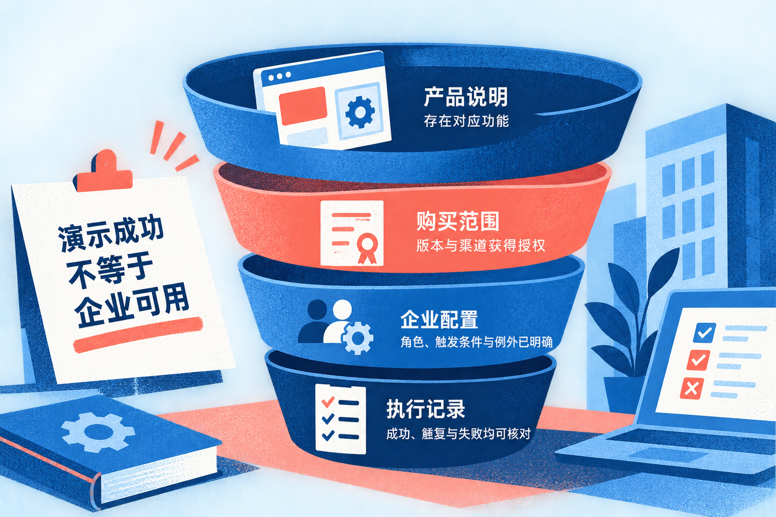 以逐层收窄的范围图说明产品功能、购买授权、企业配置与实际执行的关系，强调演示成功不等于企业可用。