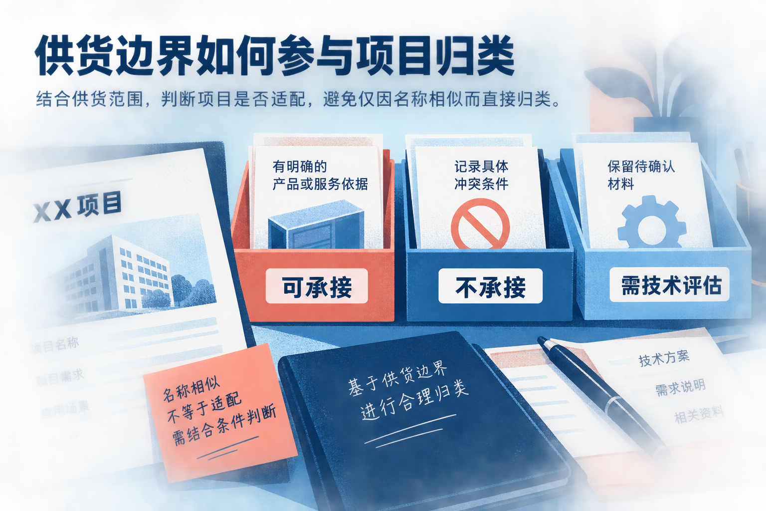 供货范围分为可承接、不承接和需技术评估三类；项目名称相似但条件不足时，不直接判定适配。