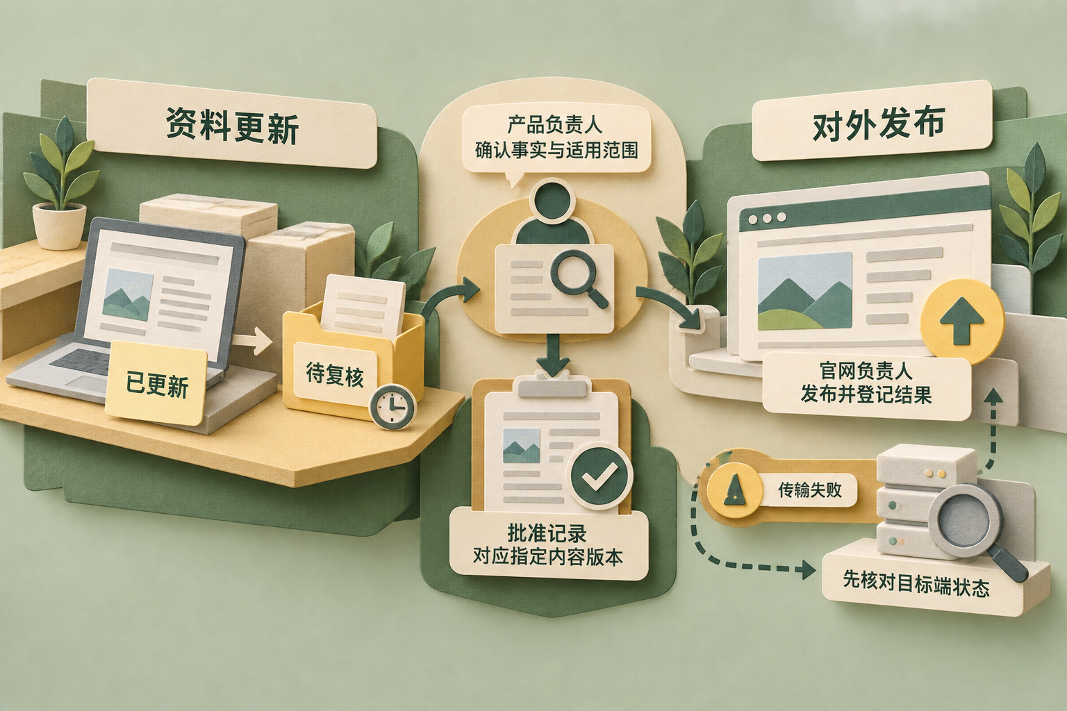 将资料更新和对外发布画成两个关联区域，中间设置事实确认与版本批准节点，说明更新成功不等于获准发布。