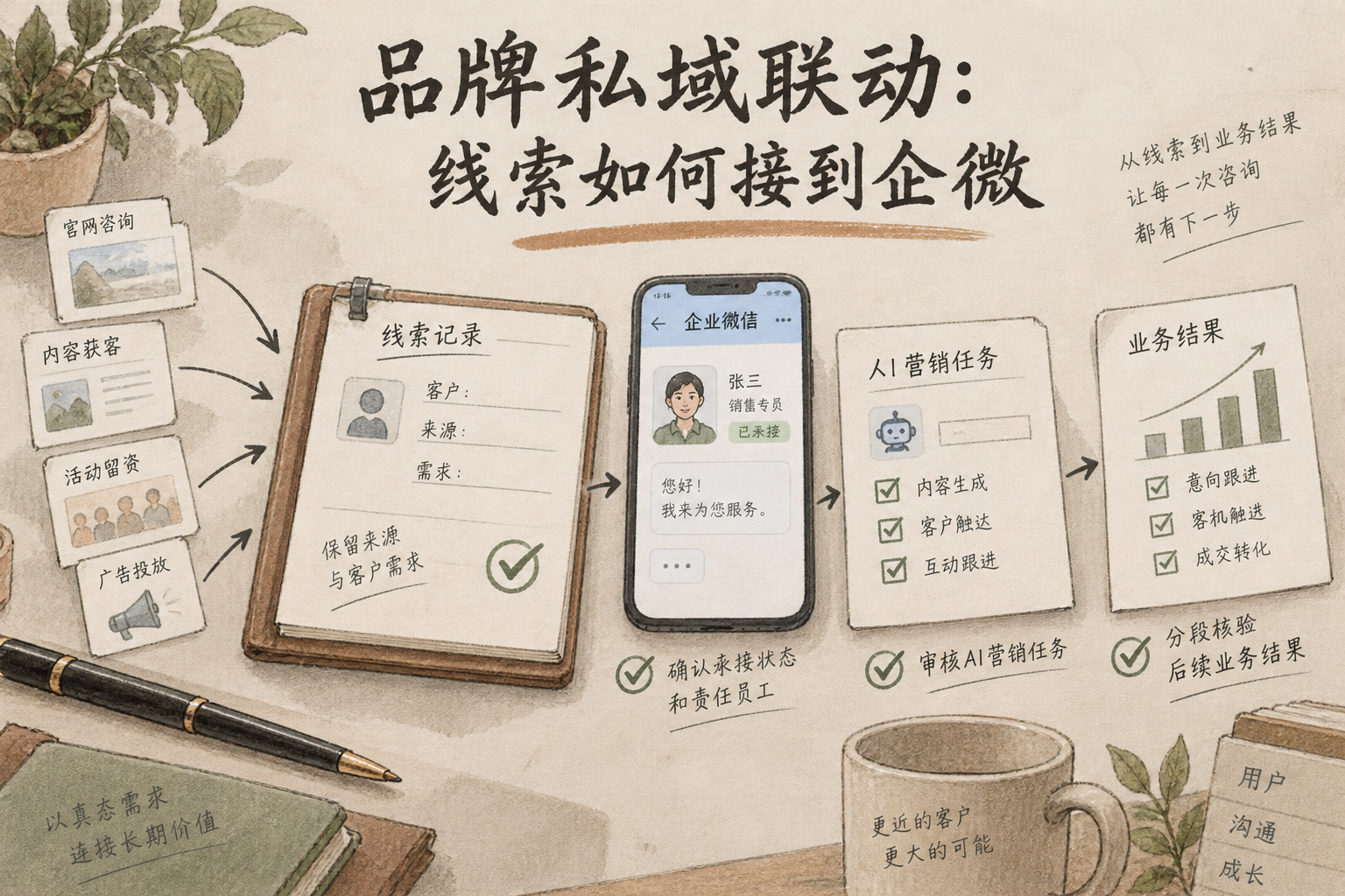 封面以获客入口、线索记录、企微员工和业务结果四个对象呈现文章主题，用检查节点表示需要验证的交接关系。