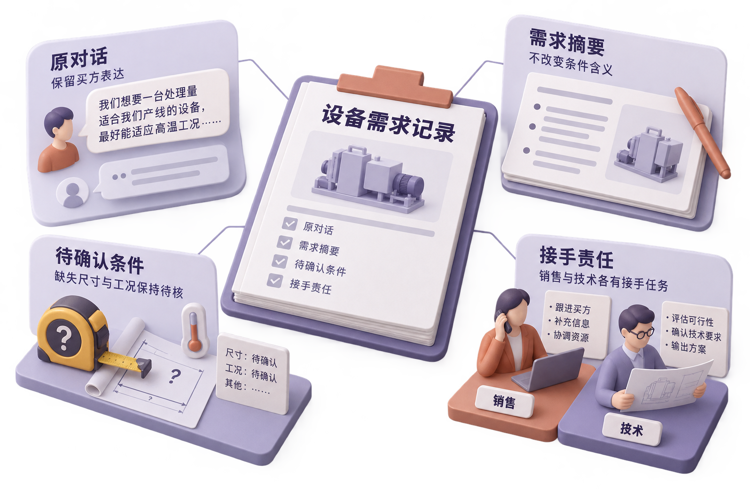 用需求记录的四个区域展示原话、摘要、待确认条件和接手责任之间的关系，说明摘要必须可以回查原对话。